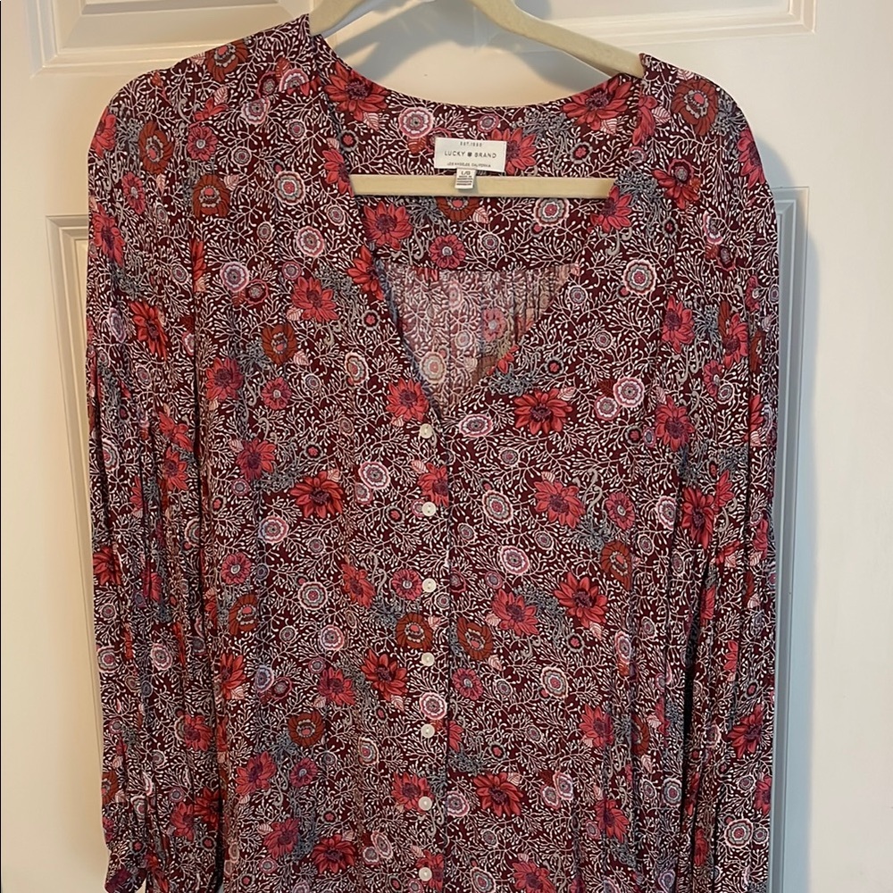 Lucky Brand Red and Pink Patterned Blouse